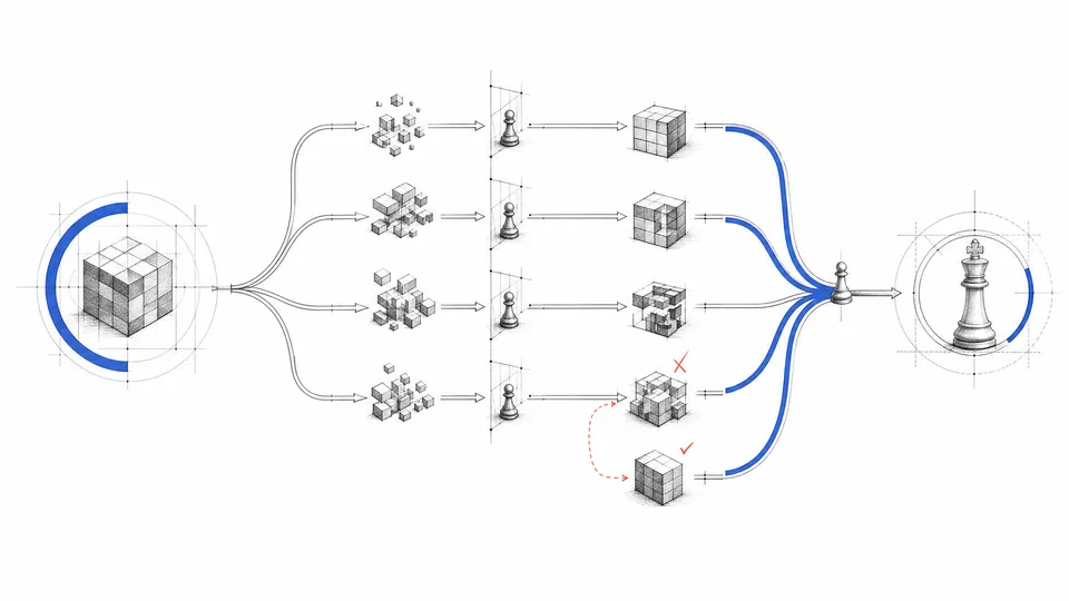 A branching technical route converging through review gates into one verified project.