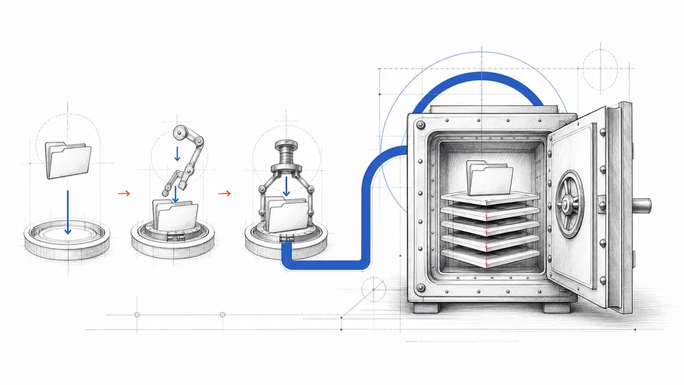 A technical repository vault receiving a first project through measured commit steps and a cobalt route.