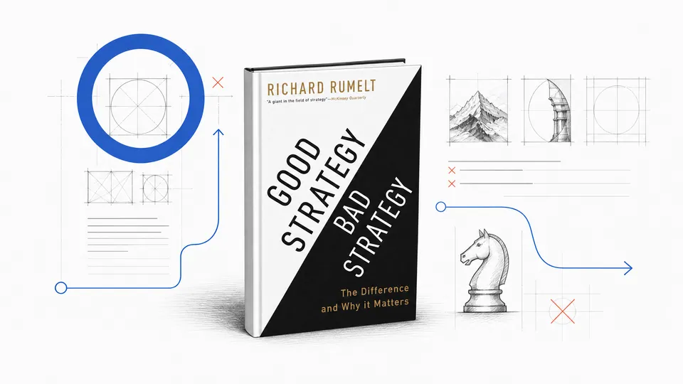 Richard Rumelt's Good Strategy/Bad Strategy book beside a technical strategy map, cobalt route, and quiet knight.