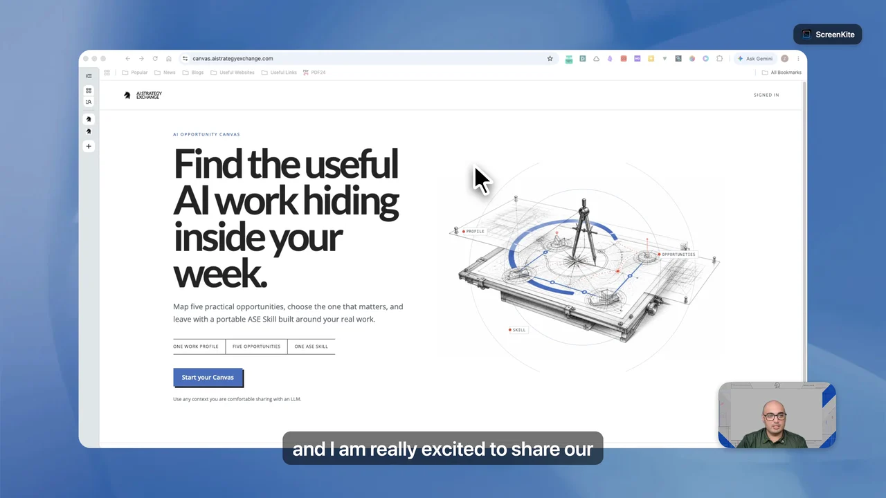 The AI Opportunity Canvas open in a browser during Zain Haseeb's walkthrough.